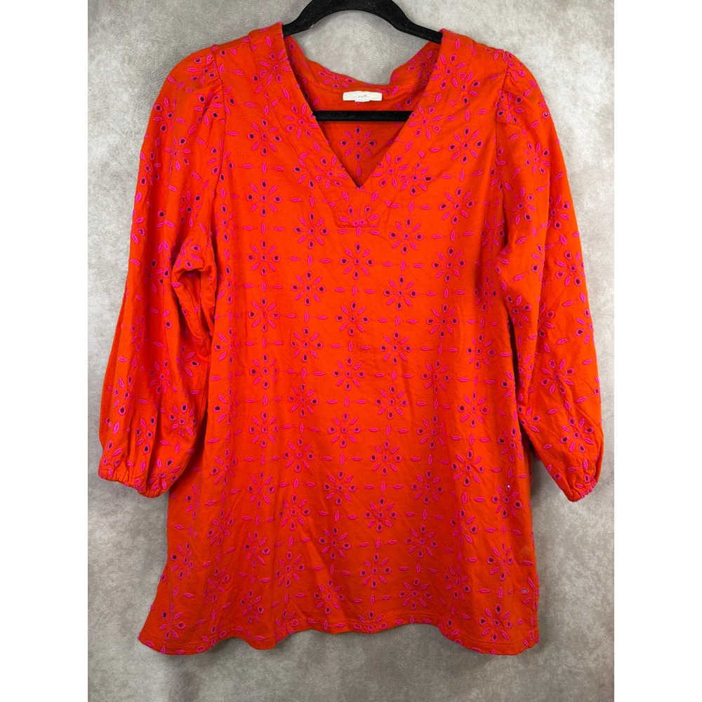 J. Jill Tunic Top Women Size S Orange Pink Floral Eyelet Embroidery V-Neck Boho